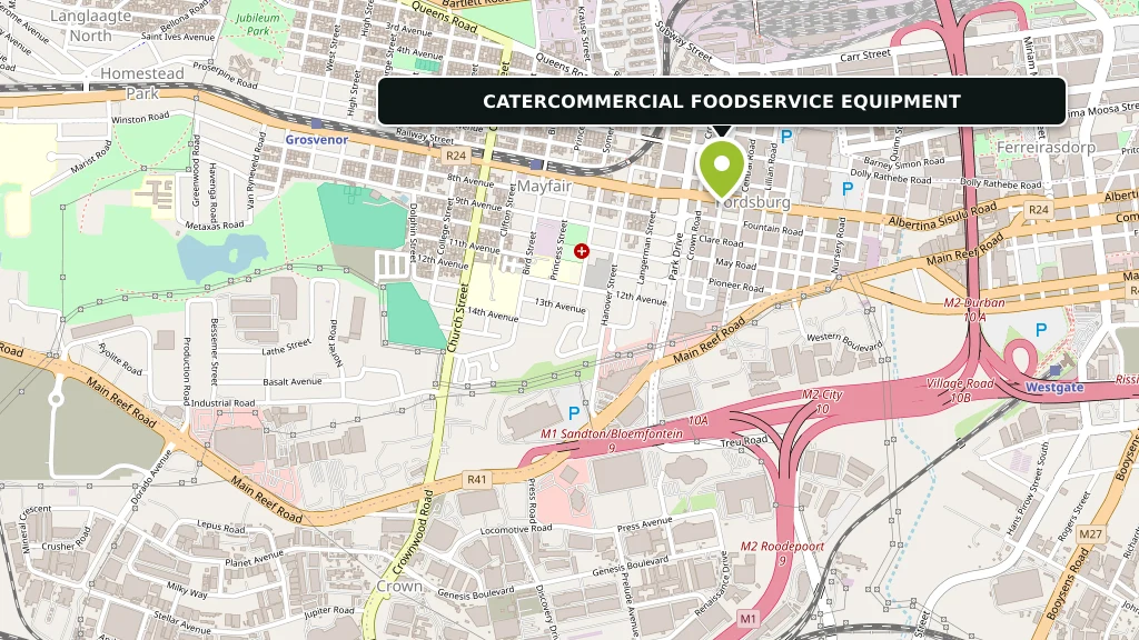 Map showing CATERCOMMERCIAL FOODSERVICE EQUIPMENT at the corner of Carr Street and Mint Road, Fordsburg